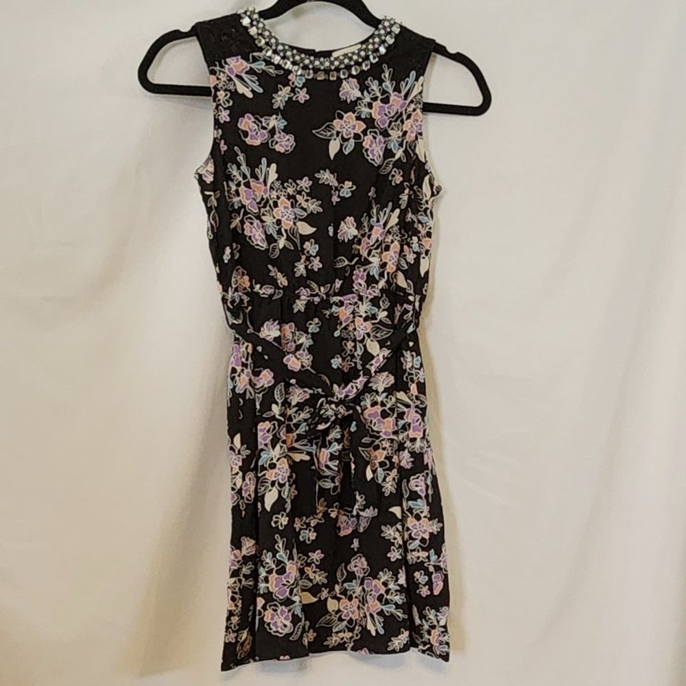 Monteau Girl Girls Black Floral Print with Beaded & Rhinestone Neck